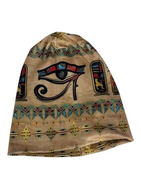 Egyptian Eye Beanie Hat in Tan with Teal & Black Accents